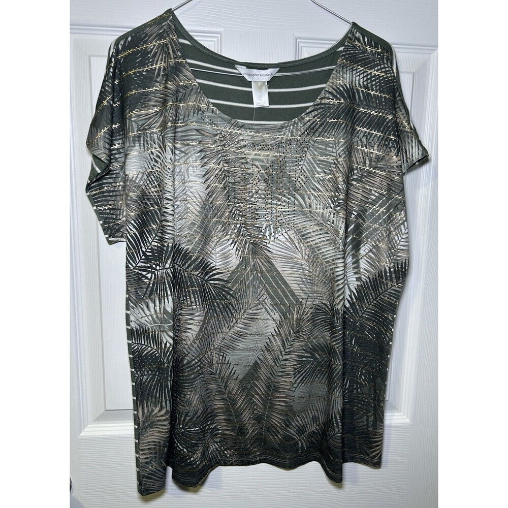 Christopher & Banks Women’s Short Sleeve Rhinestone Palm Tree Print Blouse SZ L